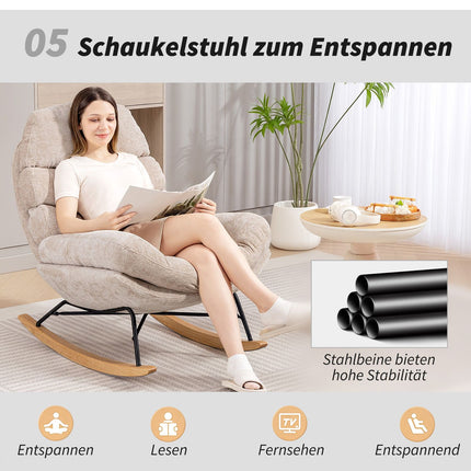 Fauteuil à bascule avec pieds en acier et base en bois, blanc crème