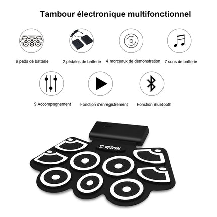 Pad de batterie électronique enroulable, USB MIDI, Bluetooth, prise casque