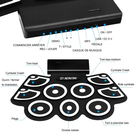 Pad de batterie électronique enroulable, USB MIDI, Bluetooth, prise casque