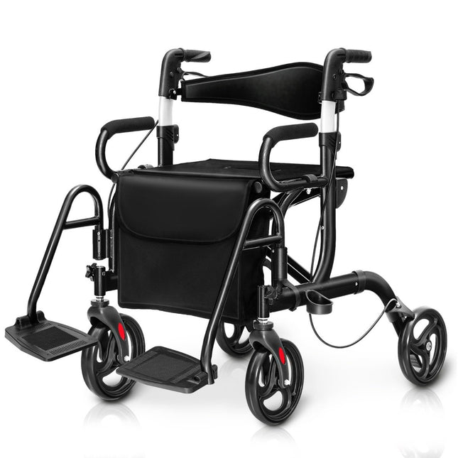 Déambulateur pliable et léger avec siège 2 en 1, fauteuil roulant et déambulateur de voyage, aide à la marche, réglable en hauteur dans 6 directions