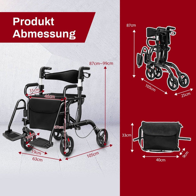 Déambulateur pliable et léger avec siège 2 en 1, fauteuil roulant et déambulateur de voyage, aide à la marche, réglable en hauteur dans 6 directions