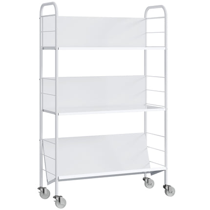 Rollendes Metall-Bücherregal mit 3 Etagen, 69x26x108 cm, Weiß