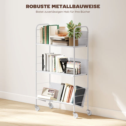 Rollendes Metall-Bücherregal mit 3 Etagen, 69x26x108 cm, Weiß