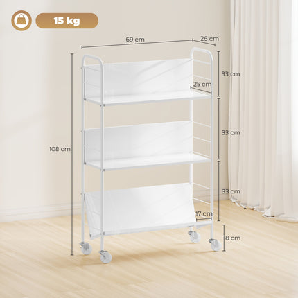 Rollendes Metall-Bücherregal mit 3 Etagen, 69x26x108 cm, Weiß