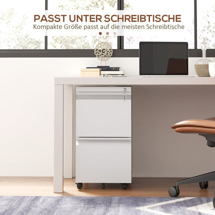 Rollbarer weißer Aktenschrank aus Stahl mit 2 Schubladen, abschließbar
