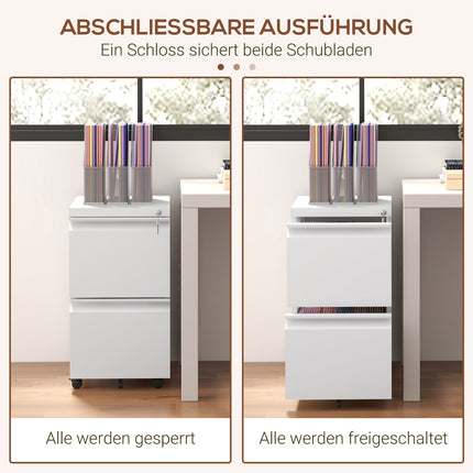 Rollbarer weißer Aktenschrank aus Stahl mit 2 Schubladen, abschließbar