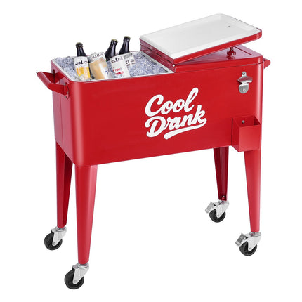 Rolling Cooler Cart 80 Qt, 110-Cans, Bottle Opener, Red