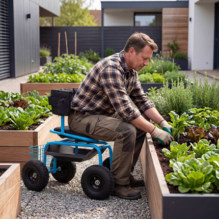 Rollender Gartenwagen mit Drehsitz und Ablagekorb