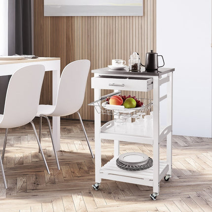 Chariot de cuisine roulant avec plateau en acier inoxydable, blanc
