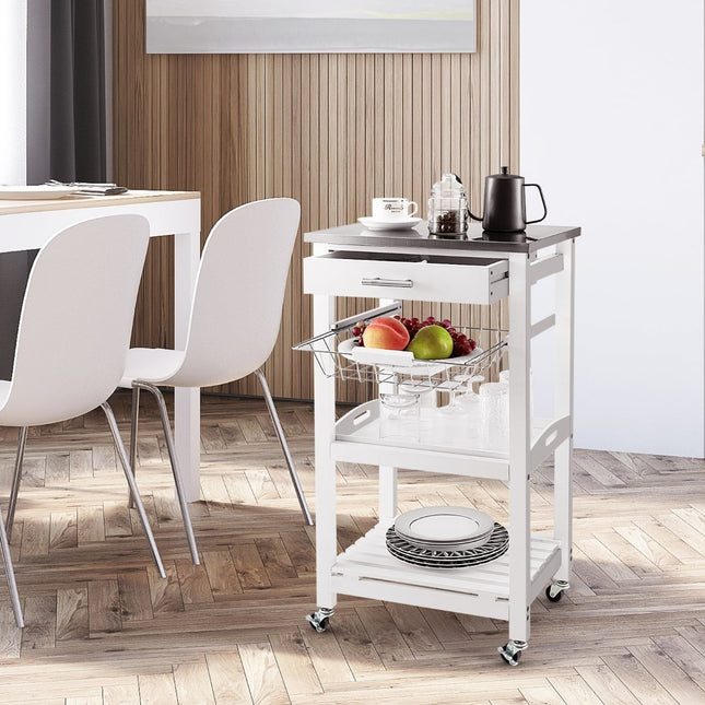 Chariot de cuisine roulant avec plateau en acier inoxydable, blanc