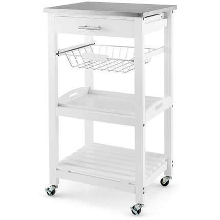 Chariot de cuisine roulant avec plateau en acier inoxydable, blanc