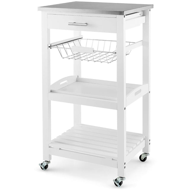 Chariot de cuisine roulant avec plateau en acier inoxydable, blanc