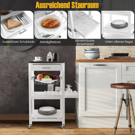 Chariot de cuisine roulant avec plateau en acier inoxydable, blanc