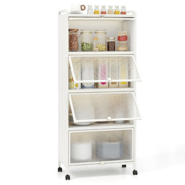 Étagère de cuisine à roulettes avec portes pliantes, 60 x 32 x 154 cm, blanche