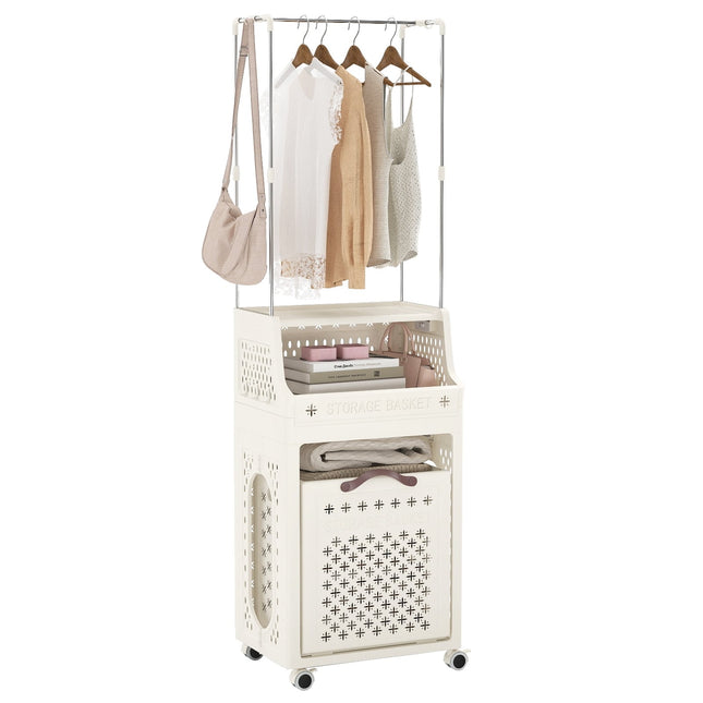 Panier à linge à roulettes avec cintre, pliable, beige, 30 L