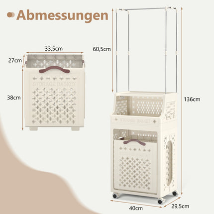 Panier à linge à roulettes avec cintre, pliable, beige, 30 L