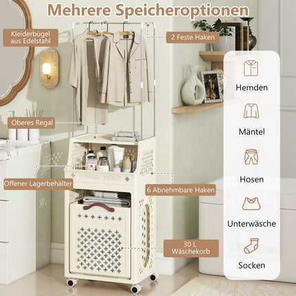 Panier à linge à roulettes avec cintre, pliable, beige, 30 L