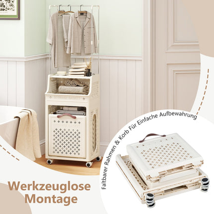 Panier à linge à roulettes avec cintre, pliable, beige, 30 L