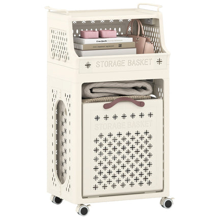 Panier à linge à roulettes avec étagère, pliable, beige, 30 L