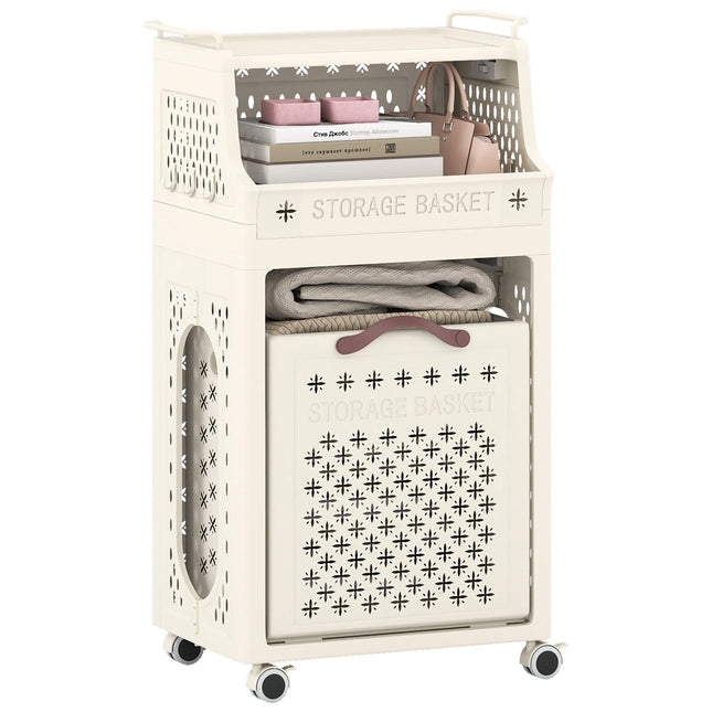 Panier à linge à roulettes avec étagère, pliable, beige, 30 L