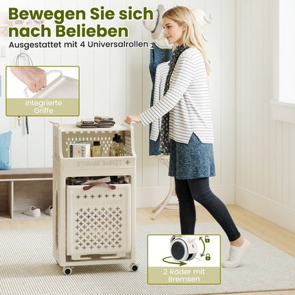 Panier à linge à roulettes avec étagère, pliable, beige, 30 L