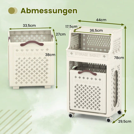 Panier à linge à roulettes avec étagère, pliable, beige, 30 L
