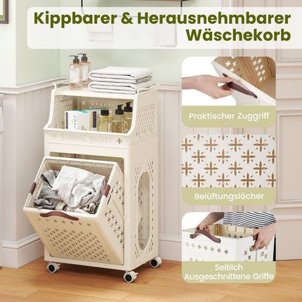 Panier à linge à roulettes avec étagère, pliable, beige, 30 L