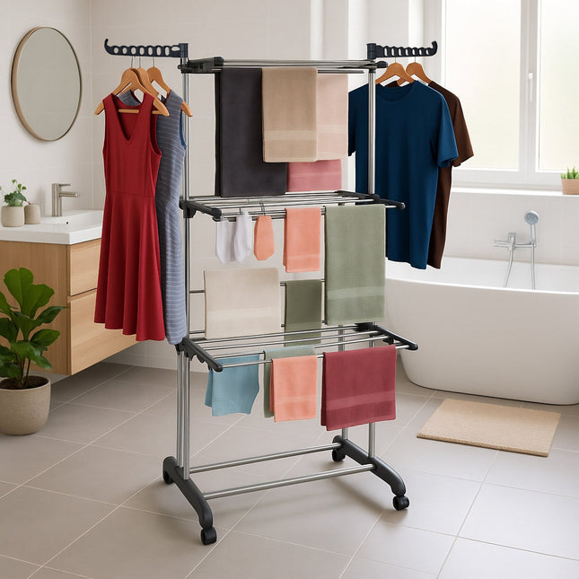 Étendoir à linge roulant avec ailes pliables et cintres