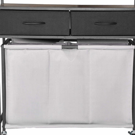 Rolling Laundry Sorter, 3-Section, 2 Drawers, Wood Top
