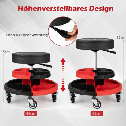 Tabouret roulant de mécanicien avec siège rembourré, capacité de 150 kg