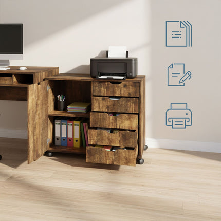 Chariot de bureau à roulettes avec 5 tiroirs et 2 étagères