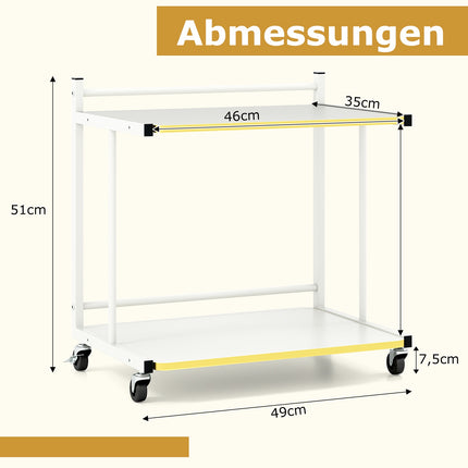 Table d'appoint à roulettes avec 2 étagères, en forme de C, blanche