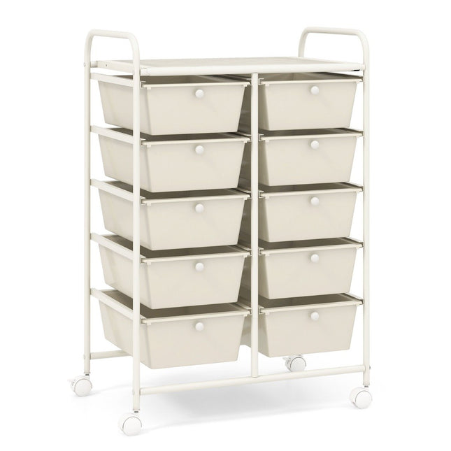 Chariot de rangement à roulettes avec 10 tiroirs, blanc, organiseur mobile