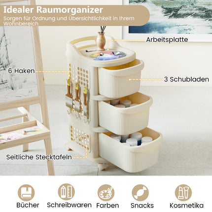 Rollbarer Aufbewahrungswagen mit 3 Schubladen und Lochwandhaken