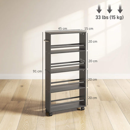 Rollregal, Schmal, 4 Etagen, 45x15x91 cm, Schwarz
