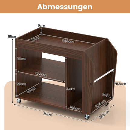 Table d'appoint roulante en noyer avec 3 niveaux et étagères de rangement