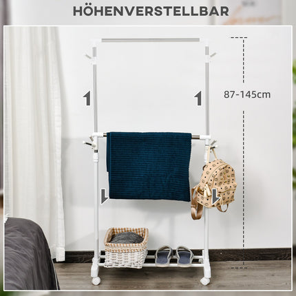 Porte-manteau roulant, réglable en hauteur, avec tablette inférieure, 4 roulettes, blanc