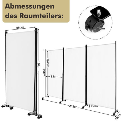 Cloison de séparation à roulettes, 3 panneaux, pliable, blanche, 180 cm