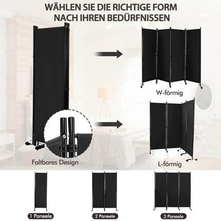 Raumteiler mit 4 Paneelen auf Rädern, 173 cm hoch, rollbarer Sichtschutz, Schwarz