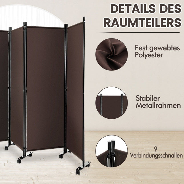 Séparateur de pièce avec 4 panneaux sur roulettes, hauteur 173 cm, brise-vue enroulable, marron