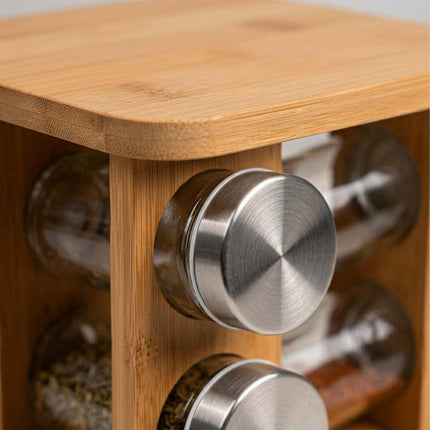 Rotating Bamboo Spice Carousel with 16 Glass Shaker Jars, Silver