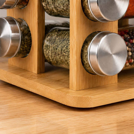 Rotating Bamboo Spice Carousel with 20 Glass Shaker Jars, Silver