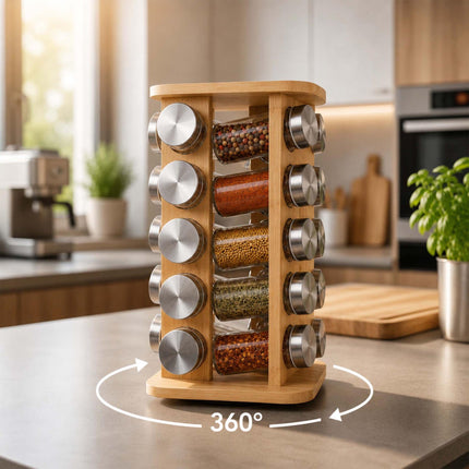 Rotating Bamboo Spice Carousel with 20 Glass Shaker Jars, Silver