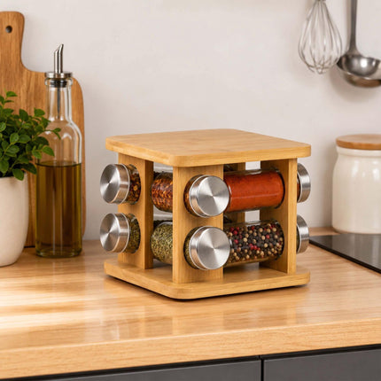 Rotating Bamboo Spice Carousel with 8 Glass Shaker Jars, Silver