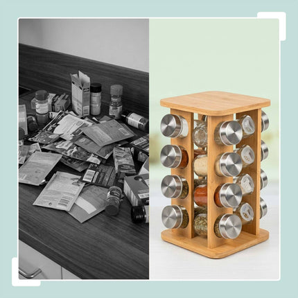 Rotating Bamboo Spice Carousel with 8 Glass Shaker Jars, Silver