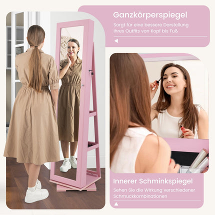 Drehbarer Schmuckschrank mit Ganzkörperspiegel, Rosa