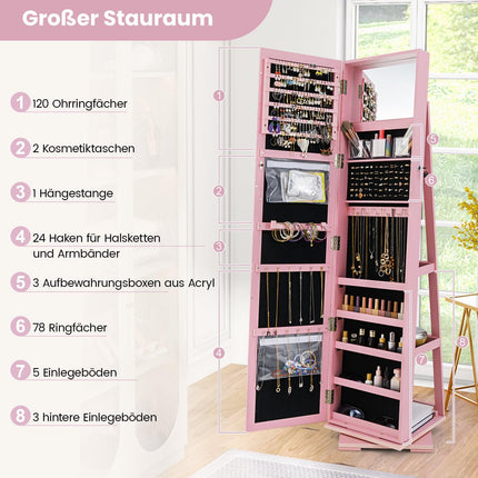 Drehbarer Schmuckschrank mit Ganzkörperspiegel, Rosa
