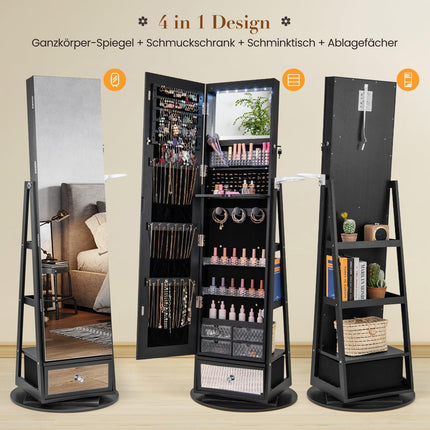 Drehbarer Schmuckschrank mit Spiegel, abschließbar, Schwarz