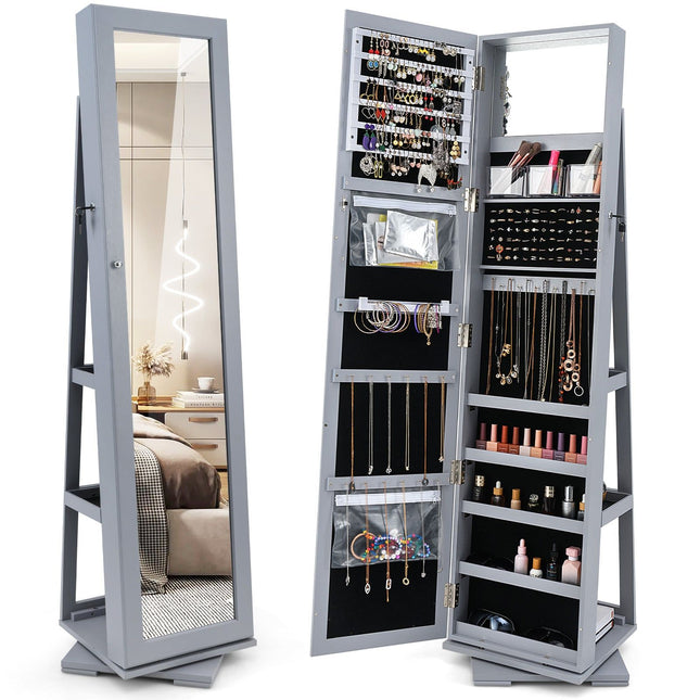 Armoire à bijoux pivotante avec miroir pleine longueur, grise