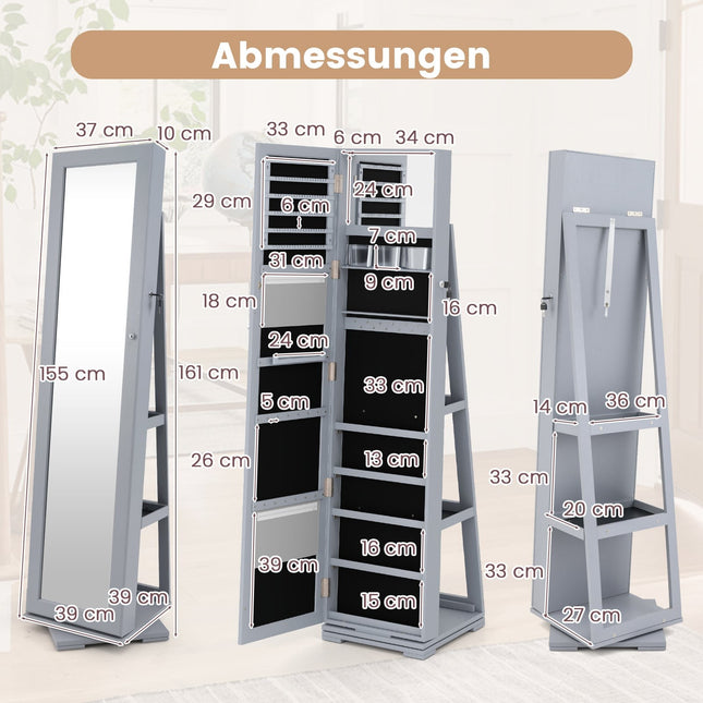 Armoire à bijoux pivotante avec miroir pleine longueur, grise